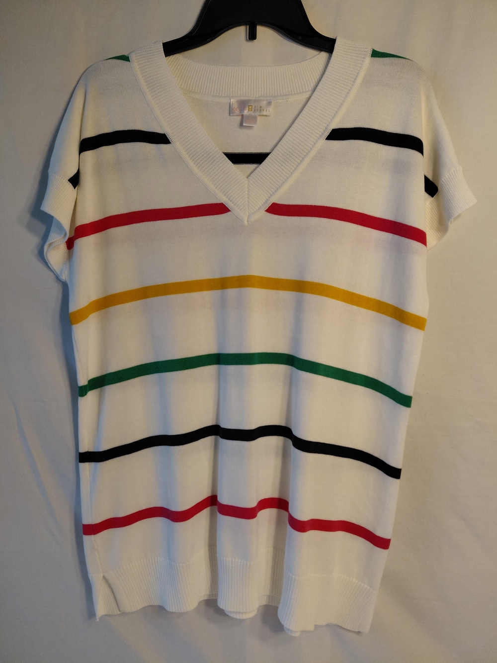 Belle by Kim Gravel White Knit V-Neck Top with Red and Black Stripes
